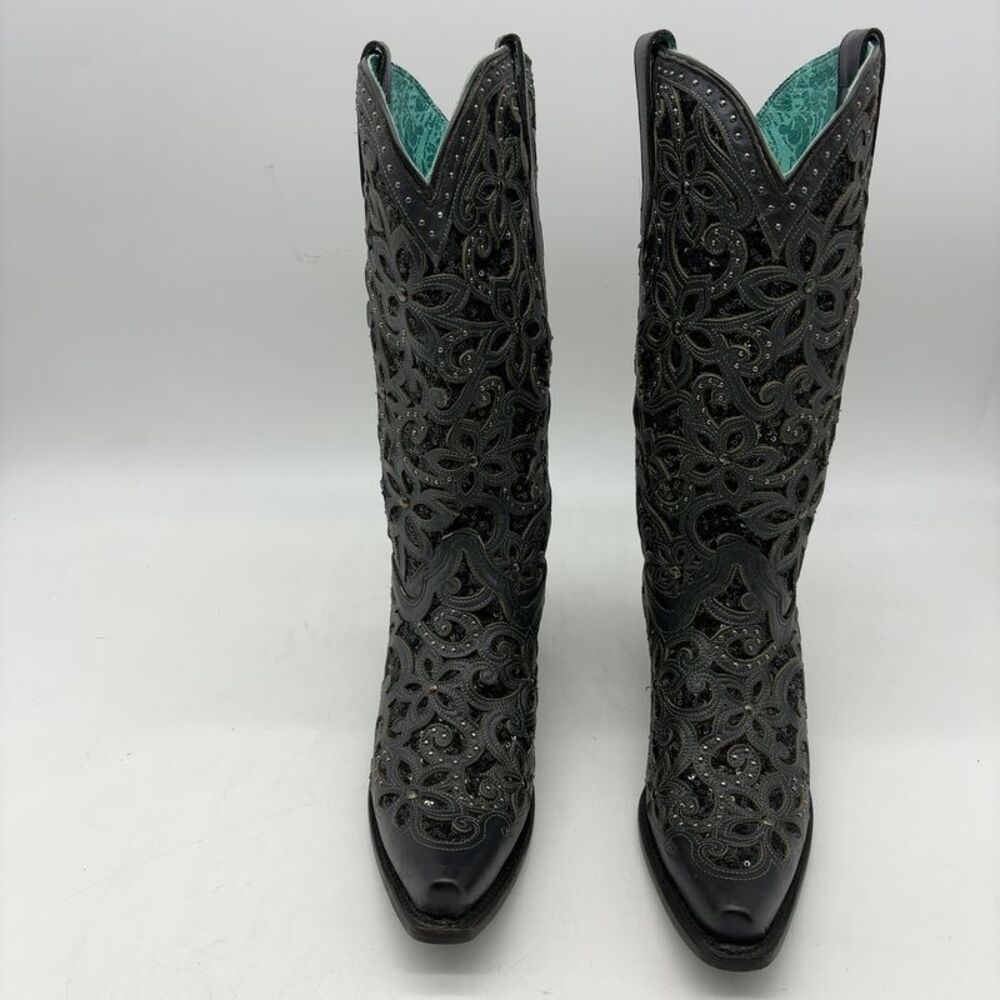 Corral Crystals Studs Cowboy Black Leather Boots